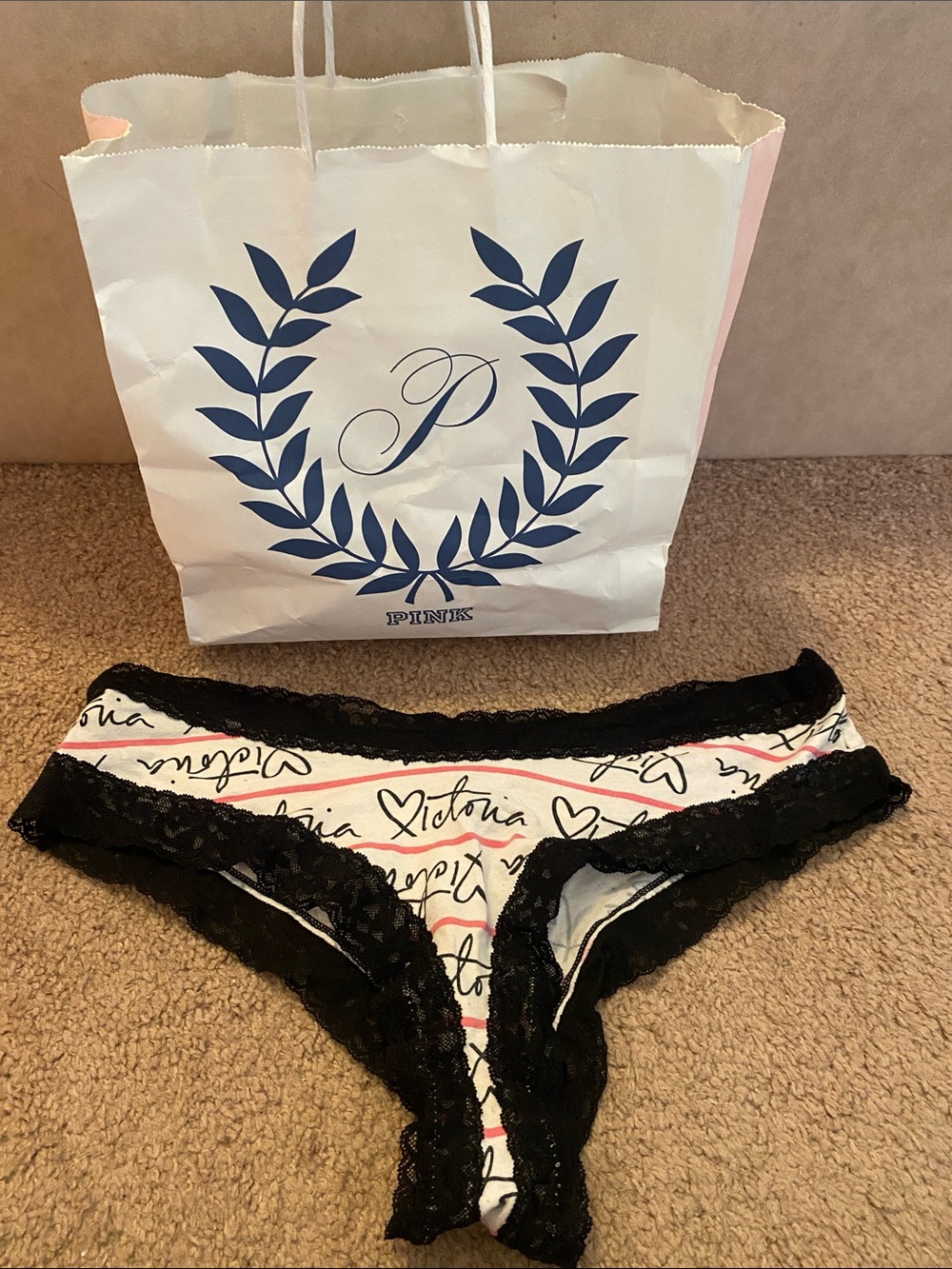 PINK Victoria's Secret White Bikini Panty with Black Lace & Script